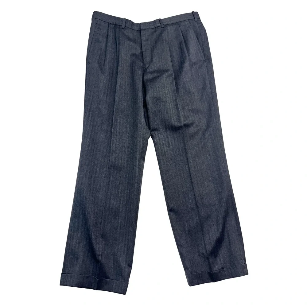 vtg 90s Custom Bespoke 35x30 Charcoal Herringbone Pants Trousers Wool Pleated